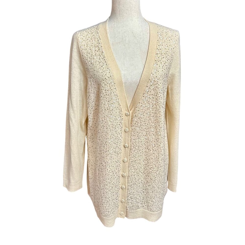 Talbots Cardigan Women 1X NWOT Cream Lambswool Blend Long Sleeve Sequin